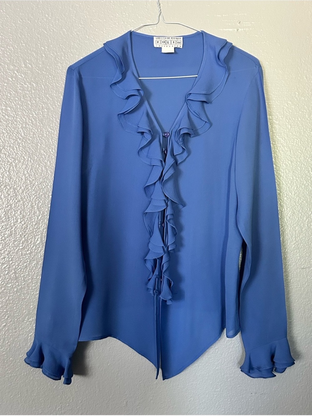 VTG Saks Fifth Avenue Pure Silk Ruffled Blouse Periwinkle Blue Size S (Fits M)
